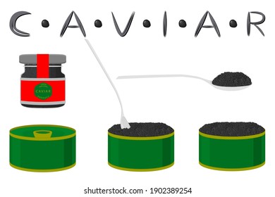 Illustration on theme big set various types fish caviar, metal can different size. Metal can consisting of fresh fish caviar for colored print on wallpaper. Many colorful fish caviar in new metal can.