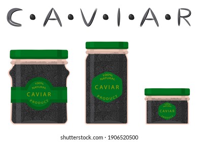 Illustration on theme big set various types fish caviar, glass jar different size. Glass jar consisting of fresh fish caviar for colored print on wallpaper. Many colorful fish caviar in new glass jar.