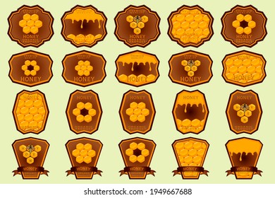 Illustration on theme for big set label of sugary flowing down honey in honeycomb with bee. Label pattern consisting from kit sticky honey at honeycomb off bee. Honey in bee honeycomb to bright label.