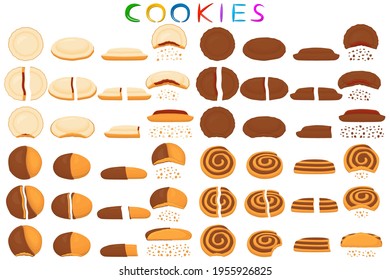 Illustration on theme big set different biscuit, kit colorful pastry cookie. Cookie consisting of collectible natural tasty food biscuit, pastry accessory. Eat fresh pastry biscuit from sweet cookie.