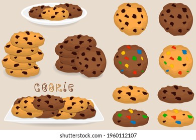 Illustration zum Thema große Set verschiedene Kekse, Kit bunten Gebäck Cookie. Keks bestehend aus Sammelkost, Naturkuchen, Gebäck-Accessoire. Iss frisches Gebäck aus süßem Keks.