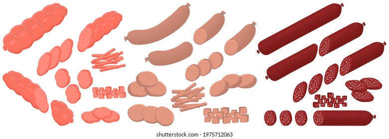 Illustration on theme big set different types delicatessen meat sausages. Delicatessen consisting of collectible natural tasty food meat sausages. Eat fresh delicatessen sausages from meat on health.