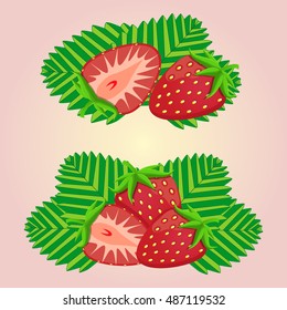 Illustration on theme big set different types red strawberry, green stem from berry various size. Strawberry pattern consisting of collection berry for organic beverage. Eat tasty berry strawberry.