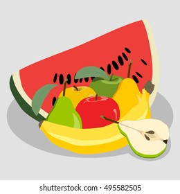 Illustration on theme big set different types red watermelon, sweet pears various size. Watermelon pattern consisting of collection organic food from pear, green apple. Tasty pear and yummy watermelon