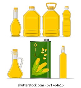 Illustration on theme big set different shape jar with cap from liquid corn oil. Jar consisting of collectible natural food corn, accessory for natural oil. Drink fresh corn oil of original eco jar.