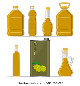 Illustration on theme big set different shape jar with cap from liquid olive oil. Jar consisting of collectible natural food olive, accessory for natural oil. Drink fresh olive oil of original eco jar