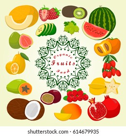 Illustration on theme big set different types fruits, guava and other isolated on white background. Fruit pattern consisting of menu raw tasty product guava. Eat fresh colorful fruit guava to health.