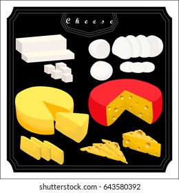 Illustration on theme big set different types cheese roquefort various size. Cheese pattern consisting of collection meal roquefort for real gourmet. Restaurant menu it yummy cheese roquefort.