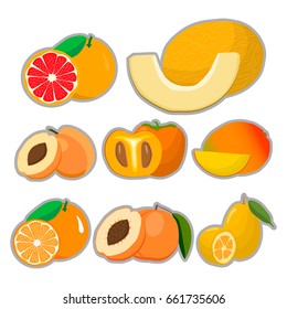 Illustration on theme big set different types fruits, apricot and other isolated on white background. Fruit pattern consisting of menu raw tasty product apricot. Eat fresh fruit apricot to health.