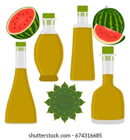 Illustration on theme big set different shape jars of watermelon oil. Jar consisting of collectible natural food watermelon, accessory for natural oil. Drink fresh watermelon oil from original eco jar