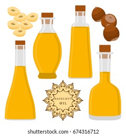 Illustration on theme big set different shape jars of color hazelnut oil. Jar consisting of collectible natural food hazelnut, accessory for natural oil. Drink fresh hazelnut oil from original eco jar