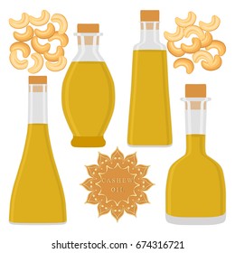 Illustration on theme big set different shape jars of color cashew oil. Jar consisting of collectible natural food cashew, accessory for natural oil. Drink fresh cashew oil from original eco jar.
