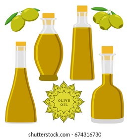 Illustration on theme big set different shape jars of color olive oil. Jar consisting of collectible natural food olive, accessory for natural oil. Drink fresh olive oil from original eco jar.