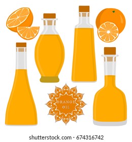 Illustration on theme big set different shape jars of color orange oil. Jar consisting of collectible natural food orange, accessory for natural oil. Drink fresh orange oil from original eco jar.