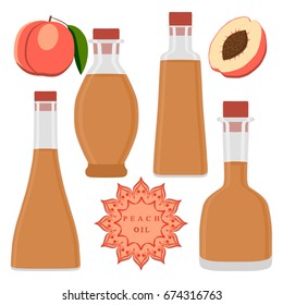Illustration on theme big set different shape jars of color peach oil. Jar consisting of collectible natural food peach, accessory for natural oil. Drink fresh peach oil from original eco jar.
