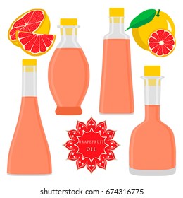 Illustration on theme big set different shape jars of grapefruit oil. Jar consisting of collectible natural tasty food grapefruit, accessory for natural oil. Drink fresh grapefruit oil from eco jar.