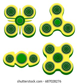 Illustration on theme big set different types spinner, flying toy kid fidget. Spinner pattern consisting of sports anti stress triangular toy, symbol baby fidget. Play in boy toys spinners fidgets.