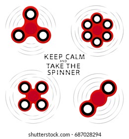 Illustration on theme big set different types spinner, flying toy kid fidget. Spinner pattern consisting of sports anti stress triangular toy, symbol baby fidget. Play in boy toys spinners fidgets.