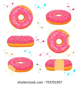 Logo ilustração de ícone vetor abstrato para rosca doce envidraçada. Padrão de donut consistindo de montão de donuts de confeitaria coloridos diferentes. Coma bolos saborosos donuts, donut coberto com creme de chocolate.