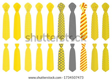 Illustration on theme big set ties different types, neckties various size. Tie pattern consisting of collection textile garments necktie for celebration vacation. Necktie tie is accessory brutal man.