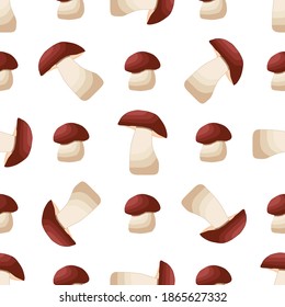 Illustration on theme of bright pattern brown mushroom, vegetable porcini for seal. Vegetable pattern consisting of beautiful mushroom, many porcini. Simple vegetable pattern from porcini mushroom.