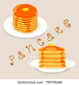 Illustration on theme for butter pancake stack. Pancake stack pattern consisting of home heap homemade hot cakes on plate, crepe butter food. Eat tasty pancake stack with yellow cube butter.