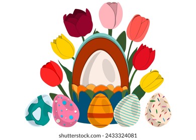 Illustration on theme celebration holiday Easter with hunt colorful bright eggs, banner consisting of hunt different Easter eggs, hunt beautiful Easter eggs are main accessory at abstract background