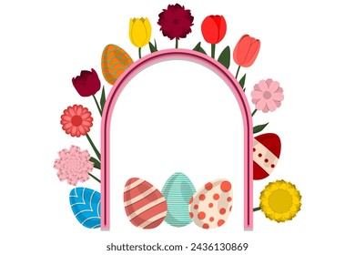 Illustration on theme celebration holiday Easter with hunt colorful bright eggs, banner consisting of hunt different Easter eggs, hunt beautiful Easter eggs are main accessory at abstract background