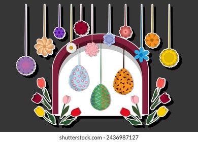 Illustration on theme celebration holiday Easter with hunt colorful bright eggs, banner consisting of hunt different Easter eggs, hunt beautiful Easter eggs are main accessory at abstract background
