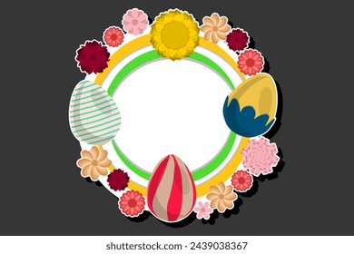 Illustration on theme celebration holiday Easter with hunt colorful bright eggs, banner consisting of hunt different Easter eggs, hunt beautiful Easter eggs are main accessory at abstract background