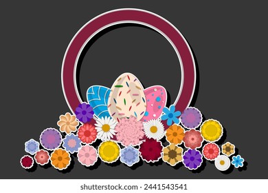 Illustration on theme celebration holiday Easter with hunt colorful bright eggs, banner consisting of hunt different Easter eggs, hunt beautiful Easter eggs are main accessory at abstract background