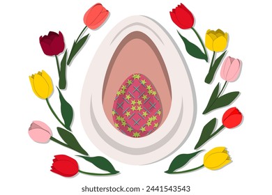 Illustration on theme celebration holiday Easter with hunt colorful bright eggs, banner consisting of hunt different Easter eggs, hunt beautiful Easter eggs are main accessory at abstract background