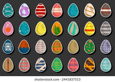 Illustration on theme celebration holiday Easter with hunt colorful bright eggs, set consisting of hunt different Easter eggs, set hunt beautiful Easter eggs are main accessory at abstract background