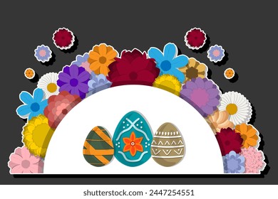 Illustration on theme celebration holiday Easter with hunt colorful bright eggs, banner consisting of hunt different Easter eggs, hunt beautiful Easter eggs are main accessory at abstract background