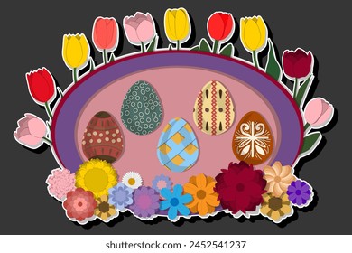 Illustration on theme celebration holiday Easter with hunt colorful bright eggs, banner consisting of hunt different Easter eggs, hunt beautiful Easter eggs are main accessory at abstract background