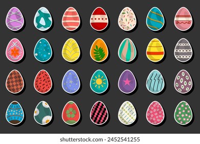 Illustration on theme celebration holiday Easter with hunt colorful bright eggs, set consisting of hunt different Easter eggs, set hunt beautiful Easter eggs are main accessory at abstract background