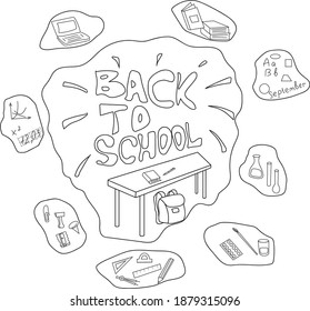 
Illustration zum Thema der Rückkehr von Kindern in die Schule. stellt die Inschrift und die Objekte dar. schulbezogen