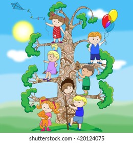 Illustration on the theme of children on summer vacation, a set of funny little men on the tree on the background of landscape
