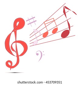 Illustration on theme classical music treble clef, notes close up on white background. Clef treble pattern consisting of colored musical notes, symbol of musician sound tone. Treble clef for notes.