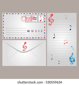 Illustration on theme classical music treble clef, envelopes close up on white background. Clef treble pattern consisting of colored envelopes, symbol of musician sound tone. Treble clef for envelopes