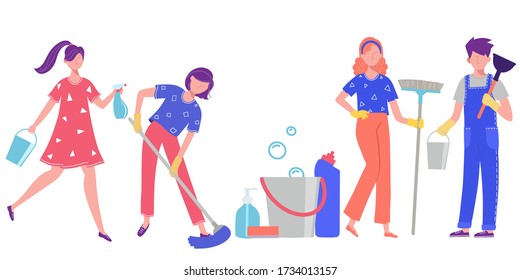 Illustration on the theme of cleaning. People do cleaning at home or in the office. Vector illustration in the flat design style.