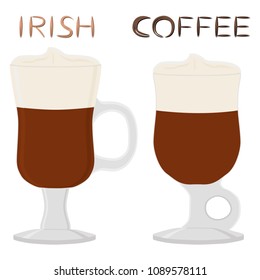 Illustration on theme for cocktail creamy Irish coffee in glass cup with foam. Cocktail pattern consisting of cup cold Irish coffee with whiskey, whipped soft cream. Cocktails Irish coffee in two cups