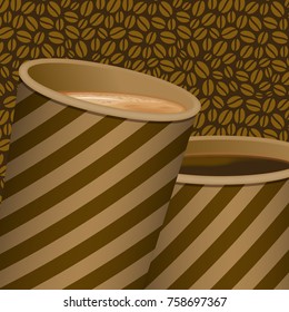 An illustration on the theme of coffee to go.
Two paper glass in relief filled with black coffee and cappuccino. On a background with a pattern of coffee beans.