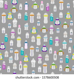 Illustration on theme colored kit baby milk in clear bottle with rubber pacifier. Baby milk bottle consisting of collection to newborn, good pacifier. Pacifier in milk bottle it baby care equipment.