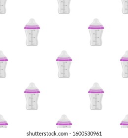 Illustration on theme colored kit baby milk in clear bottle with rubber pacifier. Baby milk bottle consisting of collection to newborn, good pacifier. Pacifier in milk bottle it baby care equipment.