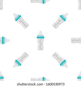 Illustration on theme colored kit baby milk in clear bottle with rubber pacifier. Baby milk bottle consisting of collection to newborn, good pacifier. Pacifier in milk bottle it baby care equipment.