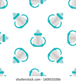 Illustration on theme colored kit baby milk in clear bottle with rubber pacifier. Baby milk bottle consisting of collection to newborn, good pacifier. Pacifier in milk bottle it baby care equipment.