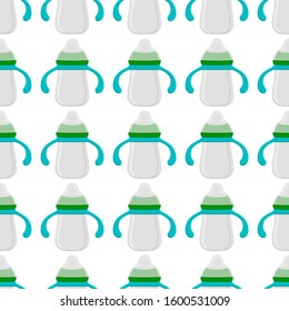 Illustration on theme colored kit baby milk in clear bottle with rubber pacifier. Baby milk bottle consisting of collection to newborn, good pacifier. Pacifier in milk bottle it baby care equipment.