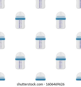 Illustration on theme colored kit baby milk in clear bottle with rubber pacifier. Baby milk bottle consisting of collection to newborn, good pacifier. Pacifier in milk bottle it baby care equipment.