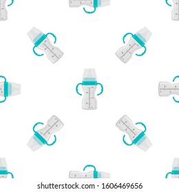 Illustration on theme colored kit baby milk in clear bottle with rubber pacifier. Baby milk bottle consisting of collection to newborn, good pacifier. Pacifier in milk bottle it baby care equipment.